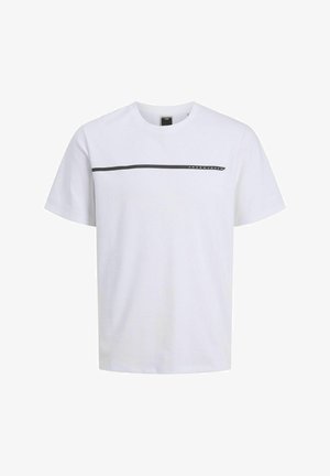 Valkoinen lyhythihainen puuvillainen T-paita, jossa musta vaakasuora viiva rinnan kohdalla ja logoyksityiskohta. Suora leikkaus ja pyöreä pääntie.