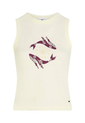 Sleeveless cream tank top featuring a purple and yellow circular whale graphic design at the center with floral accents.