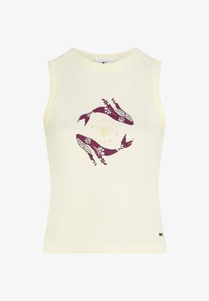 Sleeveless cream tank top featuring a purple and yellow circular whale graphic design at the center with floral accents.