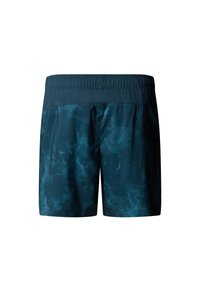 Dark teal swim shorts with a marbled pattern, elastic waistband, and a smooth texture. Lightweight and quick-drying material.