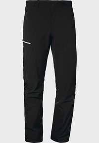 Schwarze Outdoor-Hosen aus strapazierfähigem Material, ausgestattet mit einer Tasche mit Reißverschluss, schmal zulaufenden Beinen und verstärkten Knien für zusätzliche Funktionalität.