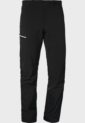 Schwarze Outdoor-Hosen aus strapazierfähigem Material, ausgestattet mit einer Tasche mit Reißverschluss, schmal zulaufenden Beinen und verstärkten Knien für zusätzliche Funktionalität.