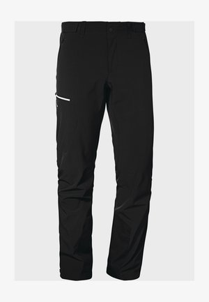 Schwarze Outdoor-Hosen aus strapazierfähigem Material, ausgestattet mit einer Tasche mit Reißverschluss, schmal zulaufenden Beinen und verstärkten Knien für zusätzliche Funktionalität.