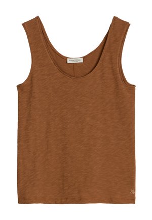 Braunes ärmelloses Tanktop mit Rundhalsausschnitt und kleinem aufgenähtem Logo nahe dem Saum.