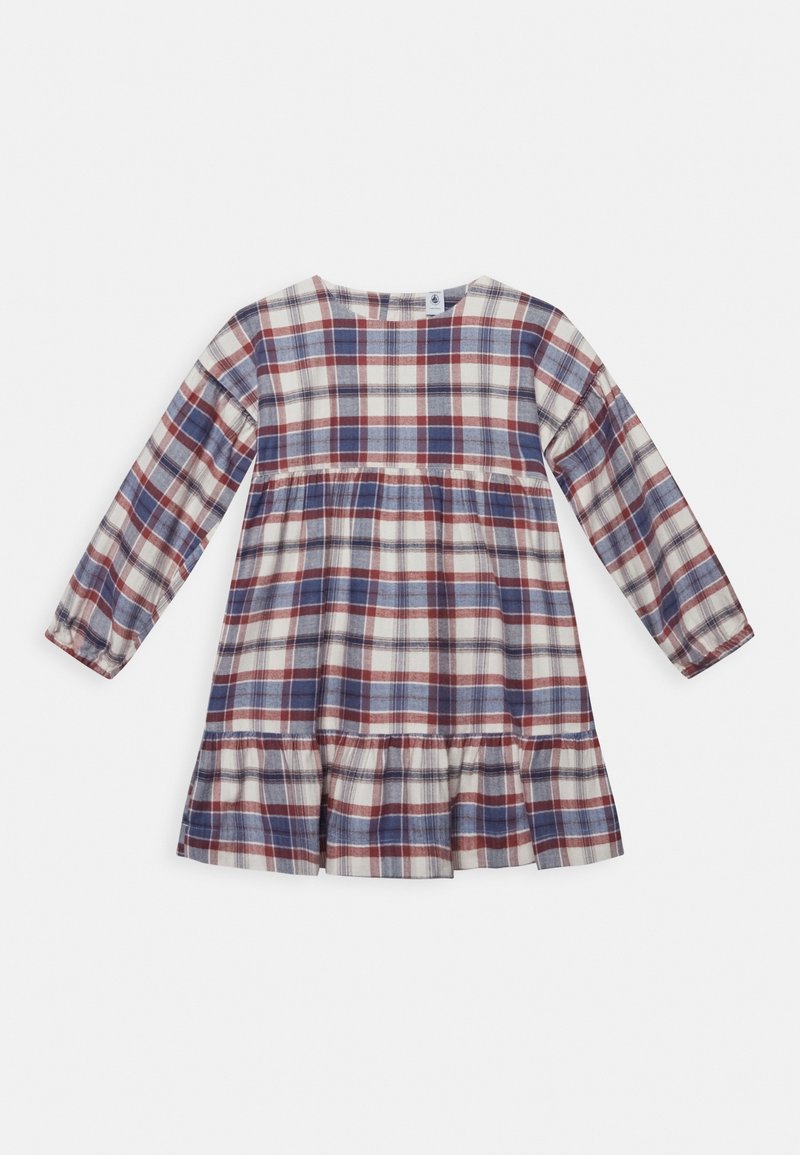 Robe bébé à manches longues avec ourlet à volants, motif à carreaux rouge, bleu et blanc sur tissu doux.