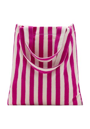 Borsa tote con strisce verticali rosa e bianche, tessuto morbido e due manici coordinati su sfondo bianco.