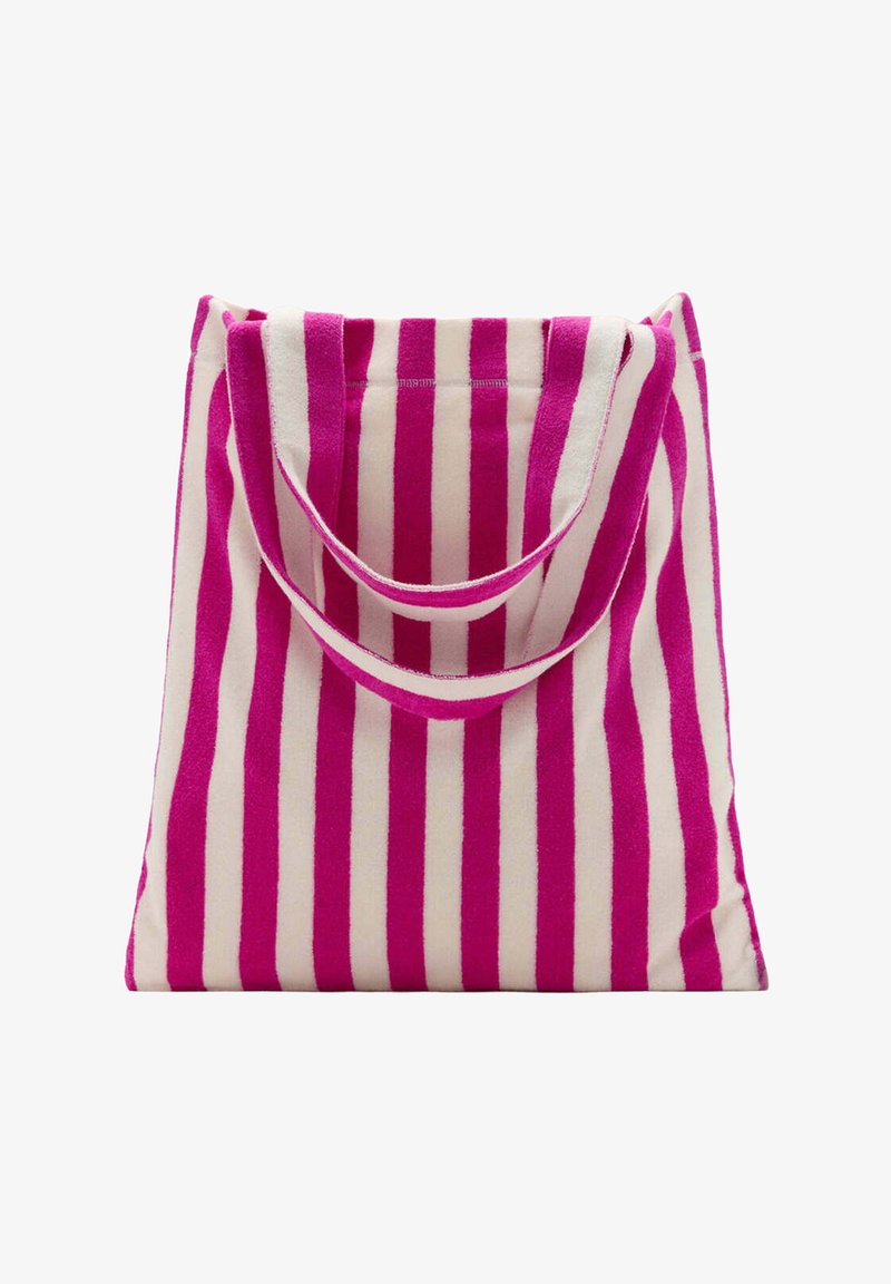 Sac tote avec des rayures verticales roses et blanches, texture de tissu douce et deux anses assorties sur fond blanc.