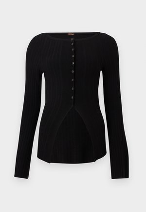 Black ribbed long-sleeve cardigan with front button closure and slight slit opening at the hem, fitted knit fabric.