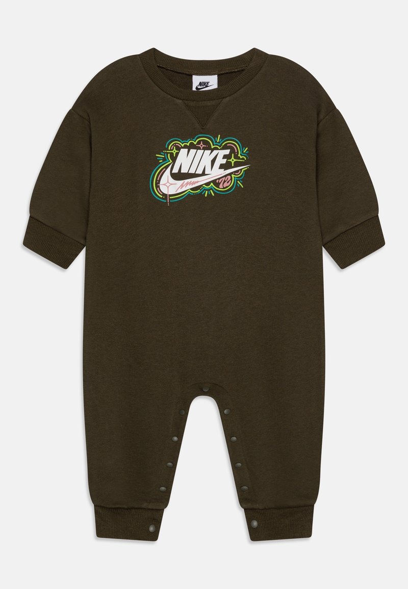 Olive green toddler jumpsuit made of soft fabric, featuring a large multicolored Nike logo on the front and snap fasteners along the bottom.