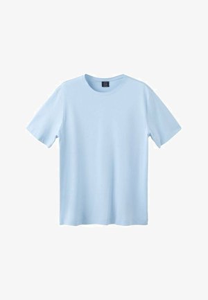 Sky blue cotton t-shirt with short sleeves, a round neck, and a smooth texture, featuring a label at the neckline for branding.