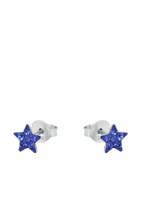 Orecchini a perno in argento sterling a forma di stelle, con piccoli gemelli blu incastonati in ciascuna stella.