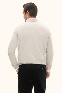 Beiger Pullover mit hohem Kragen, langen Ärmeln und strukturierter Strickoptik. Gekleidet mit schwarzer Cordhose, Rückansicht vor hellem Hintergrund.