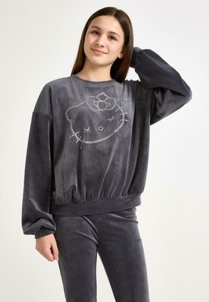 Felpa in velour grigio con un design di Hello Kitty in strass sul davanti, con una vestibilità rilassata e bordi e polsini a coste.