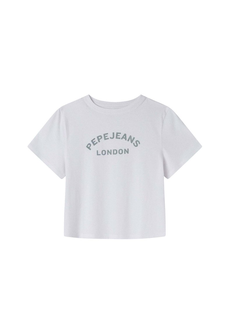 Valge puuvillane lühikeste varrukatega T-särk, millel on ümar kaelus. Esiküljel on halli värvi trükk "PEPEJEANS LONDON". Sile tekstuur.
