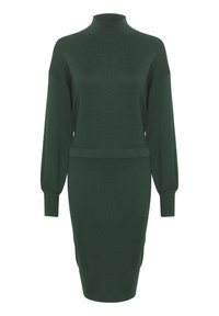 Robe en maille vert foncé à manches longues, col roulé haut, taille cintrée et ourlet à hauteur des genoux.