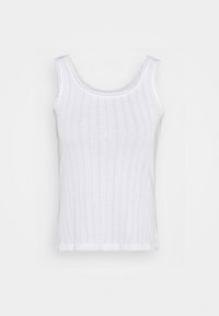 Weißes Tanktop aus strukturiertem Stoff mit gerippten Details, mit einem gewellten Ausschnitt und ärmellosem Design.