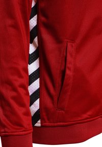 Czerwona sportowa kurtka z bocznym panelem w czarno-białe paski, kieszenią z przodu oraz ściągaczami przy mankietach.