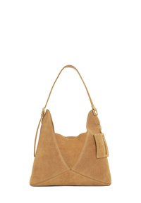 Tan suede handbag with a triangular shape, featuring a single shoulder strap and an attached zipper pouch. Minimalistic design and stitching accents.