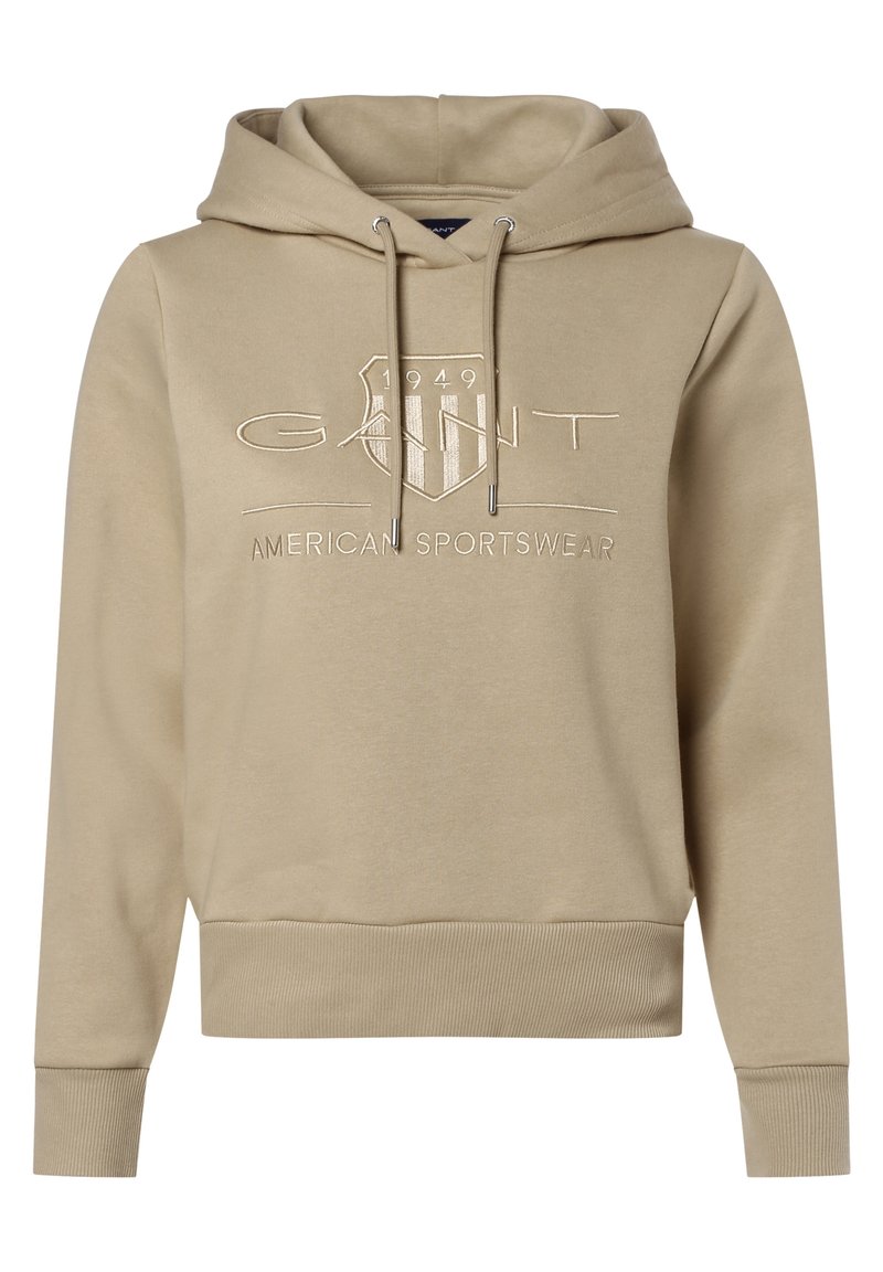 Sudadera con capucha beige, con puños y dobladillo de canalé, que presenta un logo 'GANT' bordado y un diseño de escudo, fabricada en una suave mezcla de algodón.