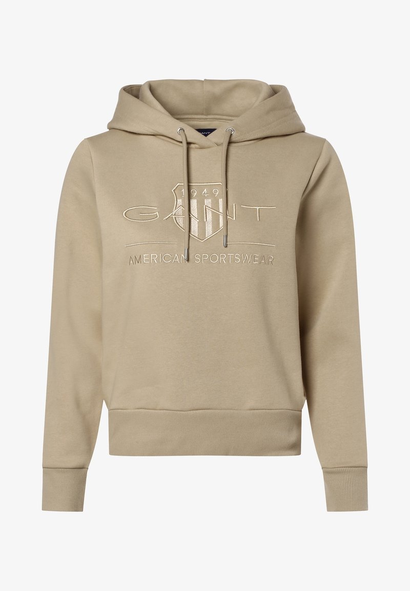 Felpa beige con cappuccio, con polsini e orlo a costine, caratterizzata da logo ricamato 'GANT' e design a scudo, realizzata in morbido tessuto misto cotone.