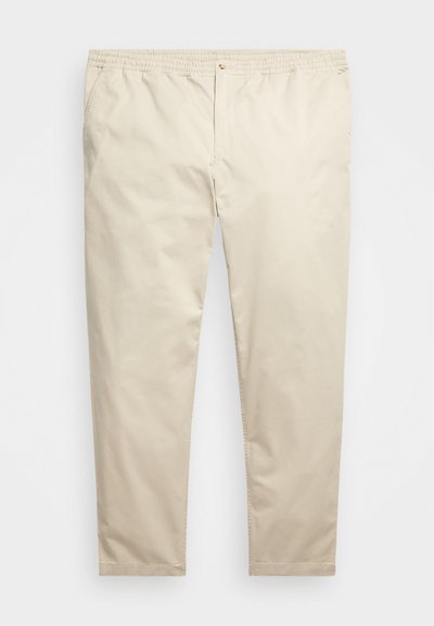 Calças de algodão bege com um cós elástico, design de perna reta e sem bolsos ou embellishments visíveis. Textura suave.