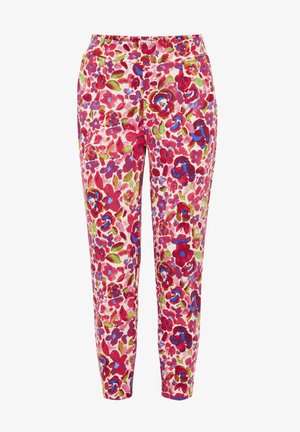 Floral trousers, featuring a pink background with large red, blue, and green flowers. Made from lightweight fabric, with a tapered cut.