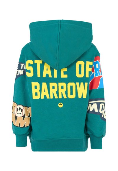 Felpa con cappuccio in teal con testo giallo e blu. Presenta "STATE OF BARROW" sul retro, accenti grafici e polsini a coste.