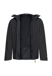 Black hooded waterproof jacket with open front zipper, long sleeves, and two zippered side pockets, showing mesh inner lining.