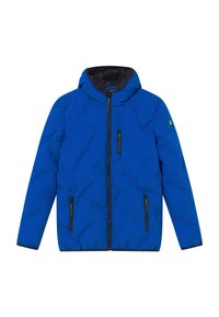 Blauwe gewatteerde jas met capuchon, voorkant met rits, drie ritssluitingen en zwarte voering.