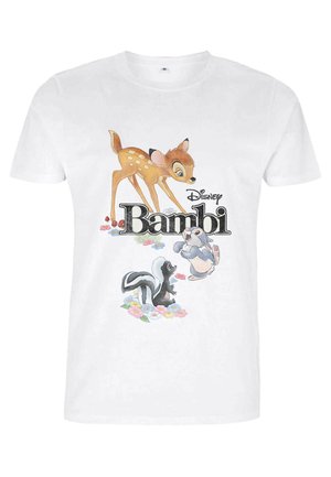 Hvid bomulds t-shirt med en farverig illustration af en hjort, en kanin og en stinkdyr omgivet af blomster, mærket "Disney Bambi" med fede sorte bogstaver.