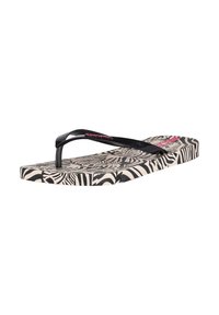 Black flip-flop with a textured rubber sole featuring a monochrome zebra pattern; thin black straps and a pink logo accent.
