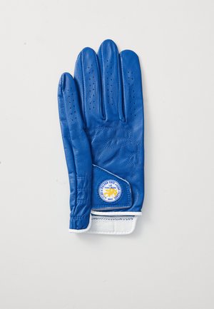 Blue leather glove with perforated detailing, white cotton cuff, and a circular logo patch in the palm area. Smooth texture and fitted design.