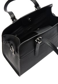 Czarna skórzana torebka z fakturowanym wykończeniem, podwójnymi uchwytami, odczepianym paskiem oraz zapinaną na zamek kieszenią wewnętrzną do organizacji.