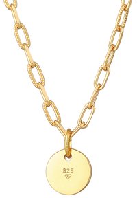 Gold-tone chain necklace featuring elongated links and a circular pendant stamped with "925." Smooth texture with a polished finish.