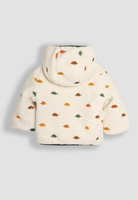 Giacca di pile bianca con cappuccio, caratterizzata da motivi di dinosauri multicolori in arancione, verde e marrone, con una texture morbida.