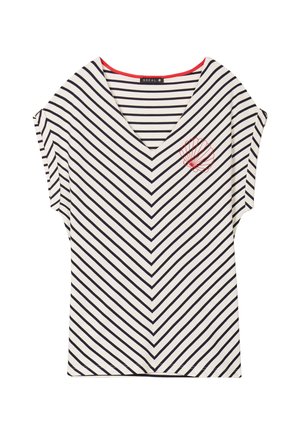 Gestreepte blouse met V-hals en korte mouwen, met een witte achtergrond en marineblauwe chevronstrepen. Inclusief een rode geborduurde schelpdetail.