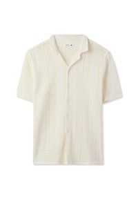 Maglietta in maglia a maniche corte color crema, caratterizzata da una trama a tessitura aperta, colletto a punta e chiusura con cinque bottoni. Taglia XL.