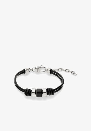 Schwarzes Lederarmband mit silbernen Akzenten, ausgestattet mit drei Metallperlen und verstellbarem Verschluss für eine Kombination aus Stil und Funktionalität.