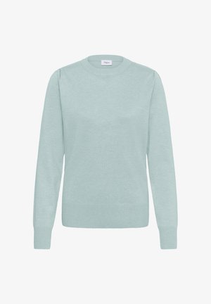 Helehall sinine, pika varrukaga kootud kampsun soonikkoes mansettide, ääre ja ümara kaelusega, esitatud valgel taustal.