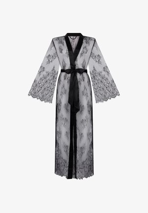 Long black lace robe with wide bell sleeves, satin trim, and a tied satin belt at the waist, shown on a white background.