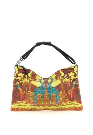 Borsa con manico nero e stampa animalier vivace con giraffe blu, scimmie marroni e pavoni colorati su sfondo giallo e arancione.