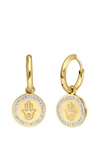 Gouden creolen met een ronde vorm, met in het midden een handmotief, omringd door een rij sprankelende heldere kristallen.