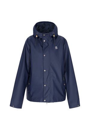 Tengerészkék vízálló kabát kapucnival, elülső patenttal, állítható húzózsinórokkal, hosszú ujjakkal és kis logóval a mellkason.