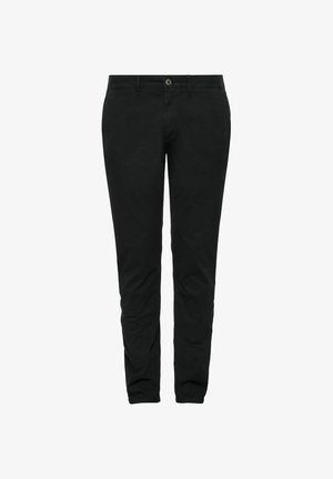 Czarne, dopasowane spodnie z guzikowym zapięciem i kieszeniami, prezentowane na białym tle.