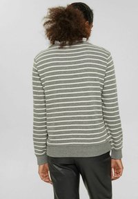 Grauer Pullover mit weißen horizontalen Streifen, Rundhalsausschnitt, gerippten Bündchen und Saum. Bietet eine entspannte Passform und eine weiche Stofftextur.
