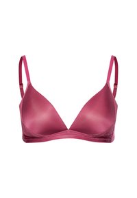 Reggiseno triangolare in un profondo colore rosa con tessuto liscio e lucido, spalline regolabili e delicati dettagli in pizzo lungo i bordi.