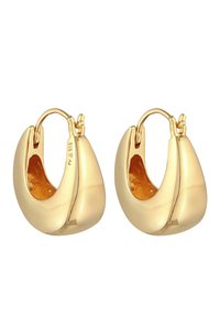 Orecchini a cerchio color oro con un design arrotondato e liscio, caratterizzati da un interno vuoto, un gancio sicuro e una superficie lucida.