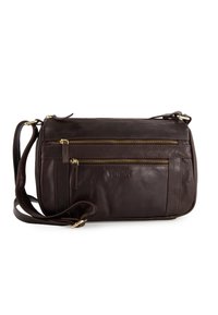 Mørkebrun læder crossbody taske med to frontlomme med lynlåse og justerbar rem, præget "VENEZIA" logo på frontlommen.