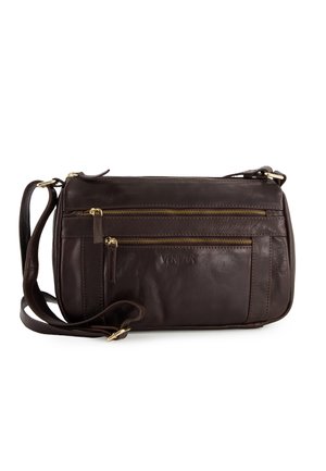 Mørkebrun læder crossbody taske med to frontlomme med lynlåse og justerbar rem, præget "VENEZIA" logo på frontlommen.