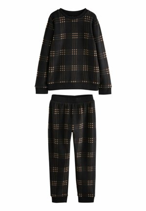 Set de pijamale din fleece negru, cu un model în carouri în tonuri închise și accente bej. Include un top cu mânecă lungă și pantaloni cu talie elastică.